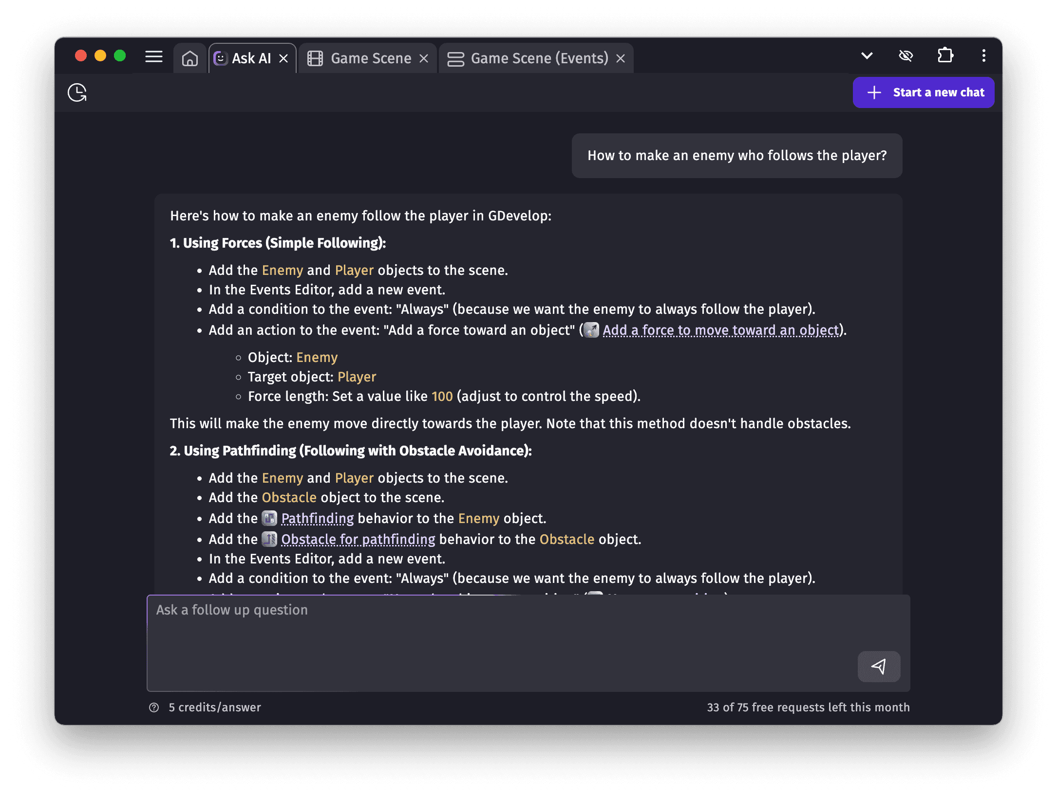 A conversation with the AI chat